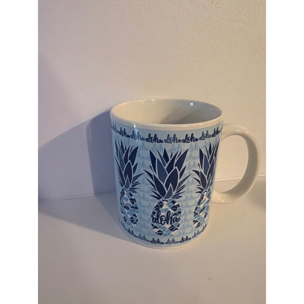 Natural Stoneware Pineapple Mosaic Aloha Coffee Mug Blue White 11oz Tropical Cup